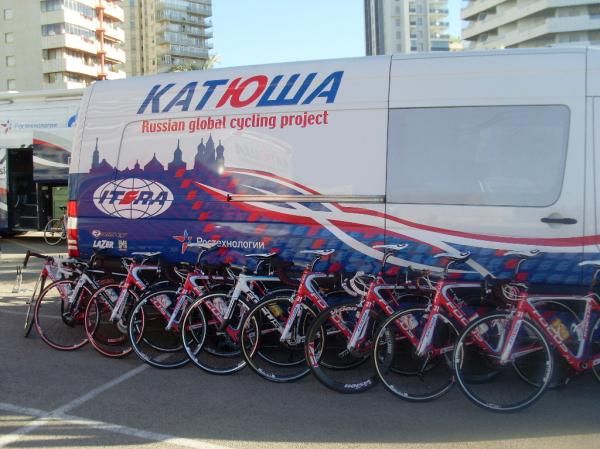 Katusha's Focus bikes lined up against the team bus.