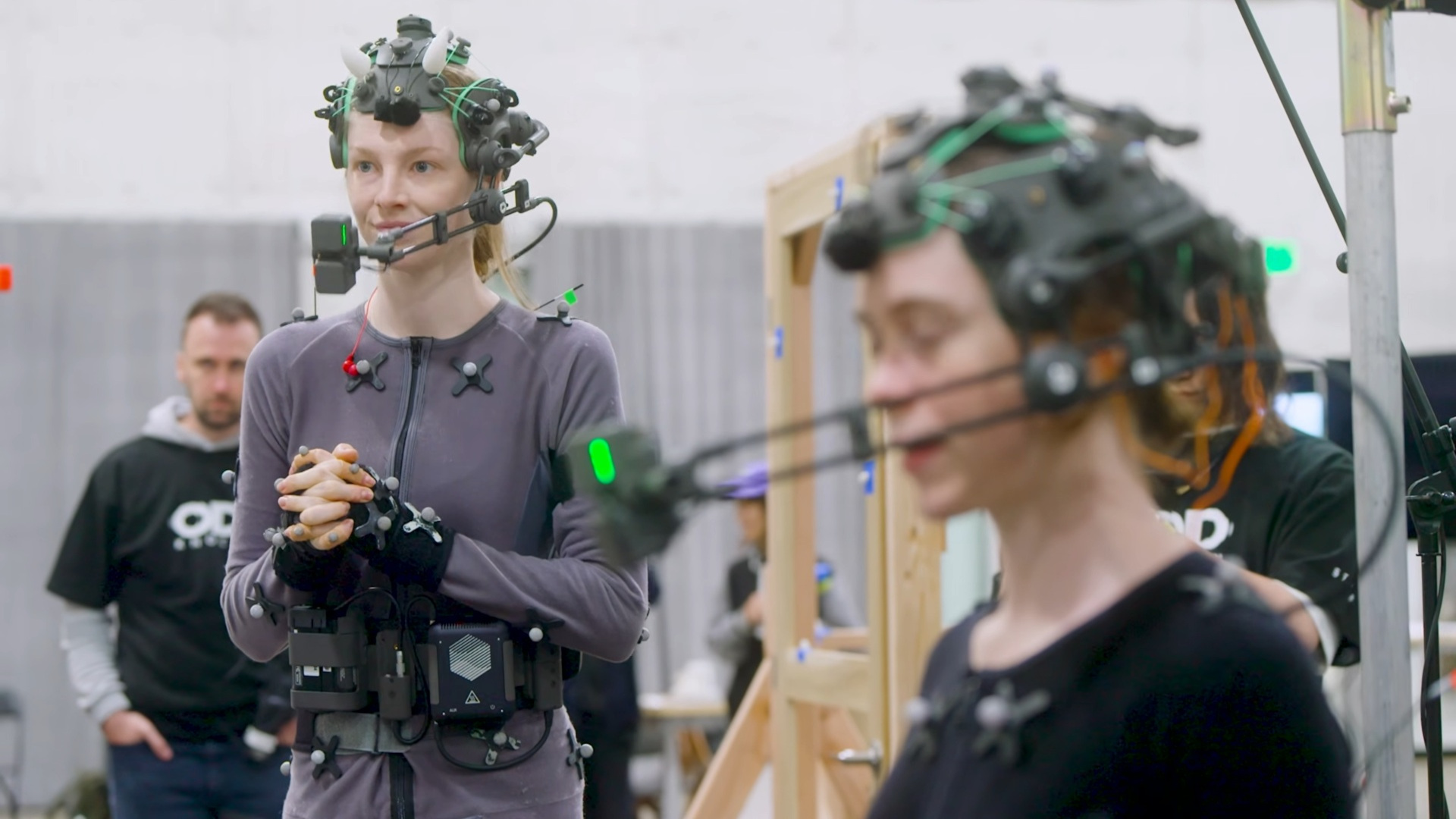 Hunter Schaffer and Sophia Lillis in mo-cap gear perform scenes for upcoming horror OD from Kojima Productions
