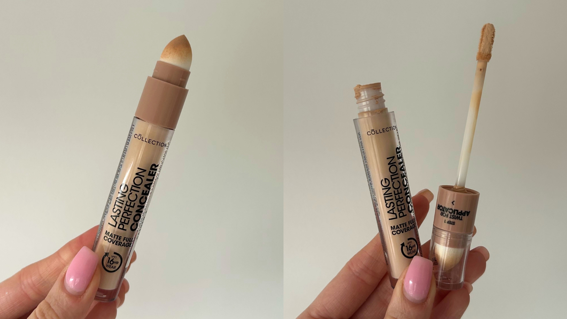 On the left, image of Collection Lasting Perfection Concealer new sponge tip, and on the right, an image of the Collection Lasting Perfection Concealer open and showing the wand