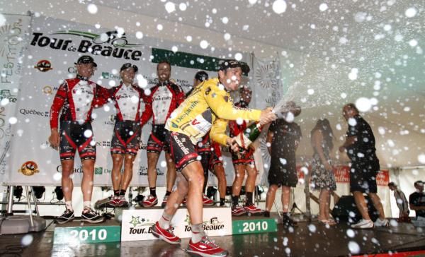 The champagne flows for Ben Day and his teammates from Fly V Australia as the Australian rider won his second title of Tour de Beauce Sunday.