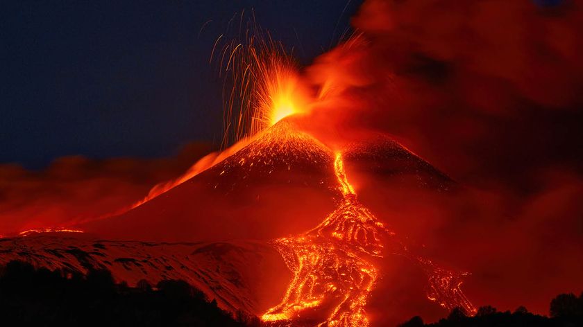 Photograph titled Edna&#039;s Paroxysm, taken by Gianluca Gianferrari and the Grand Prize winner of the Hamdan bin Mohammed bin Rashid Al Maktoum International Photography Award (HIPA) 2025. Description reads: Above Sicily&#039;s Etna Volcano, glowing lapilli erupt against a snowy backdrop, and thus creating a striking contrast. The fiery bursts settle on fresh snow, forming a kaleidoscope of colors under the night sky. This is a testament to the unpredictable beauty of nature, where destructive power merges with serenity in a fleeting embrace that is eternally captured by the lens of the camera. 