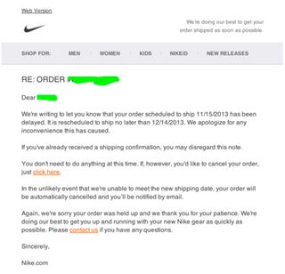 An email from Nike about a delayed order