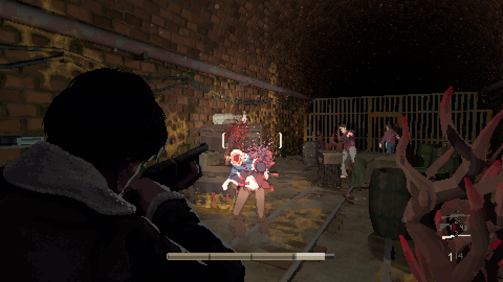A man shooting a humanoid monsters in a sewer while wooden-like growths spring from the ground, conveying a horror-themed atmosphere.