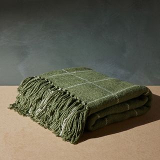 green throw blanket with fringed edge