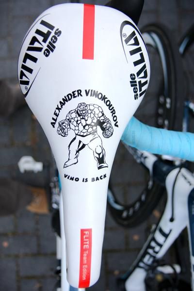 Guess who's back: Alexandre Vinokourov has had a special saddle printed up for his first Grand Tour since being thrown out of the 2007 Tour de France.