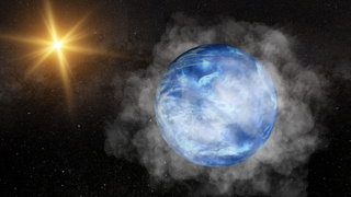 A bright blue sphere surrounded by a shroud of white smoke