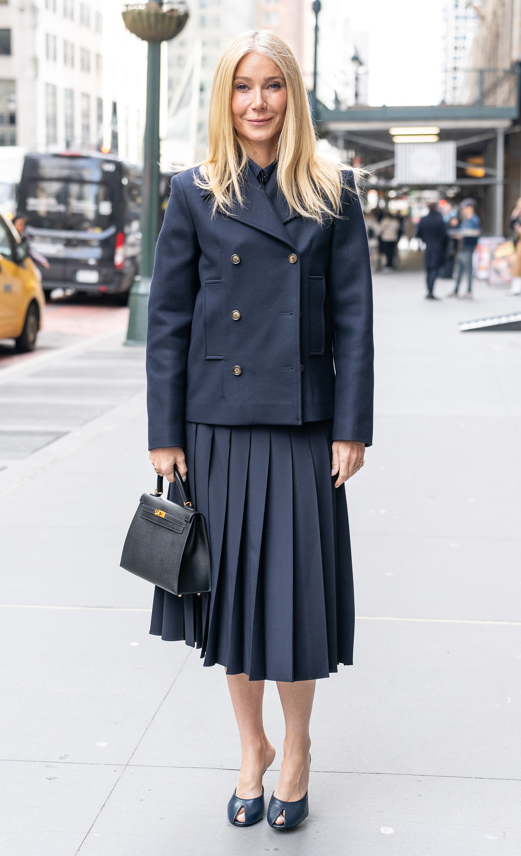Gwyneth Paltrow carries a Hermes Kelly bag and wears her own label on March 20, 2026 in New York City