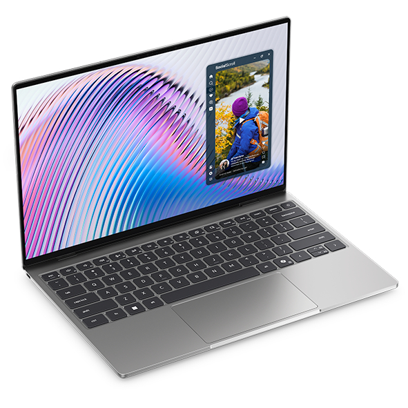 A modern XPS 13 laptop with a colorful abstract wallpaper and an open window displaying an outdoor scene.