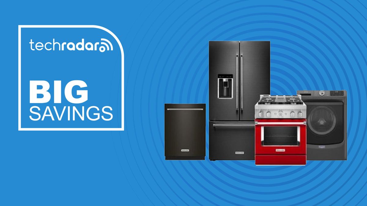 Major appliances from the Best Buy Labor Day appliance sale on a blue background