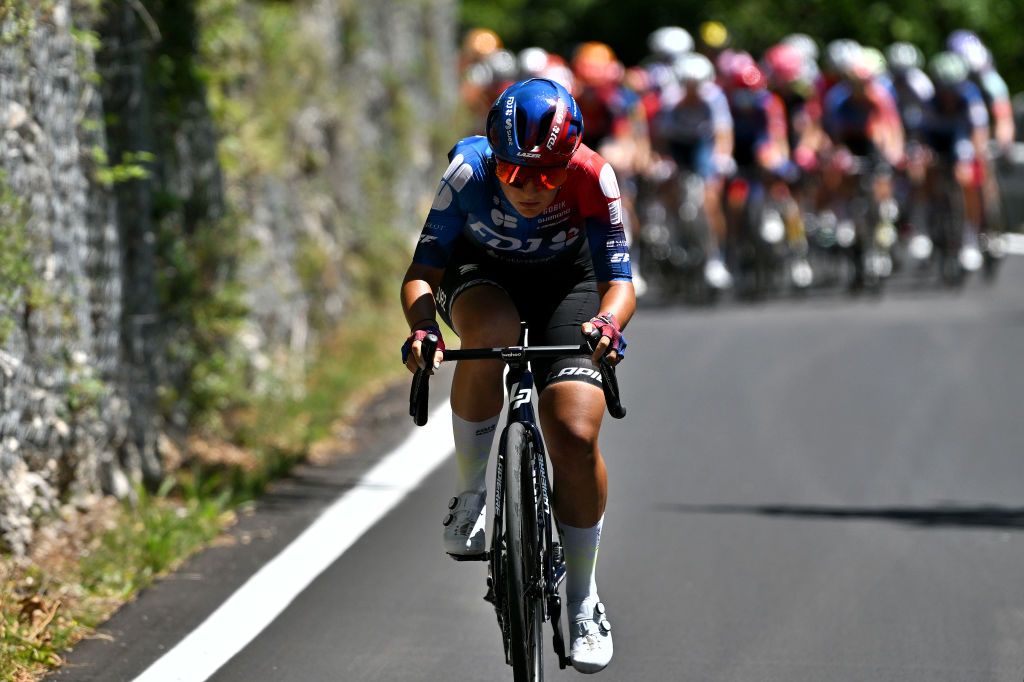 FOLIGNO ITALY JULY 11 Alessia Vigilia of Italy and Team FDJ SUEZ attacks during the 35th Giro dItalia Women 2024 Stage 5 a 108km stage from Frontone to Foligno UCIWWT on July 11 2024 in Foligno Italy Photo by Luc ClaessenGetty Images