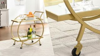 Two images of a gold framed drinks trolley, one full image and closeup