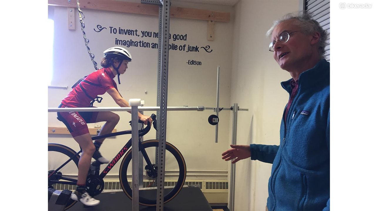 Dr Kram and a CU PhD student demonstrating the Locomotion Lab's treadmill used to test Specialized Power prototype power meters