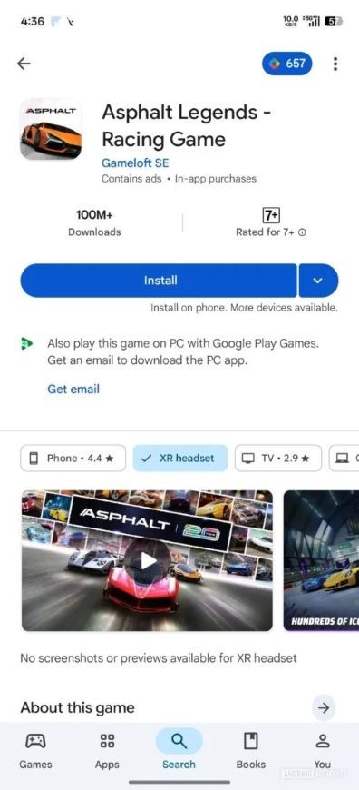 XR headset section in the Play Store