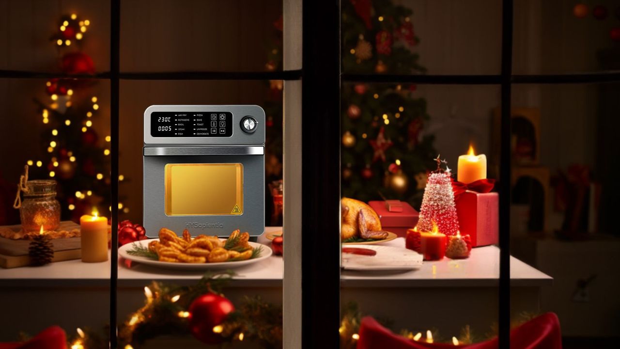 A HYSapientia air fryer on a Christmas dinner table.