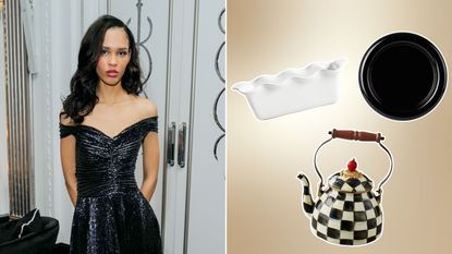 Two pictures - one of Nara Smith wearing a black dress standing in front of a white door and one of a black and white kettle, a white ruffled pan, and a black plate on a gold background