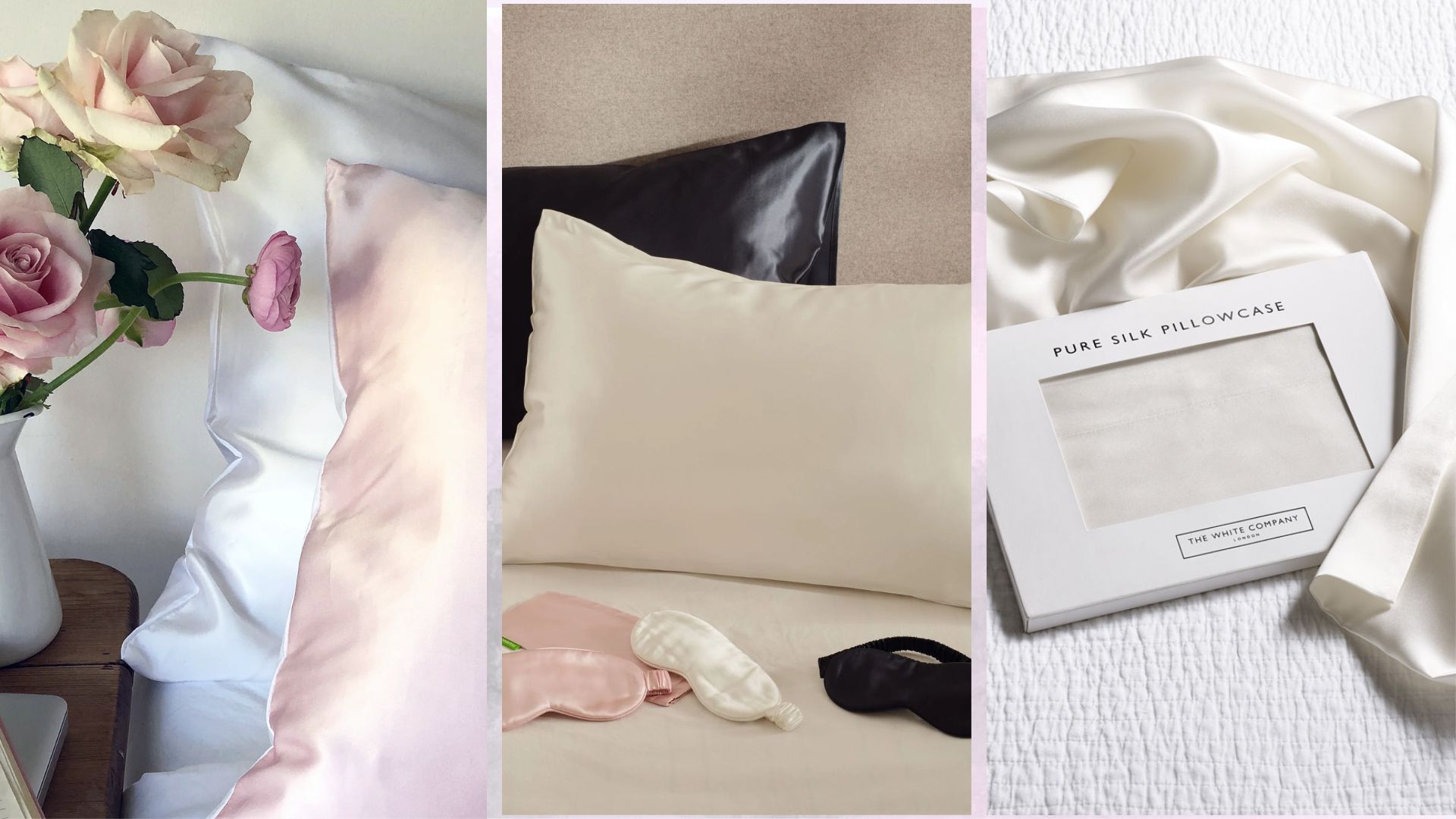 Three images of the best silk pillowcases from Only Curls, The White Company, and Scooms