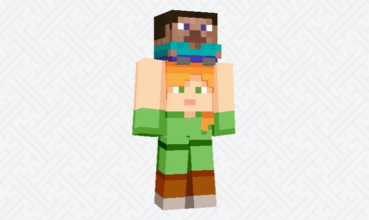 Um personagem de Minecraft cuja cabeça se parece com um Steve muito pequeno e cujo corpo se parece com Alex