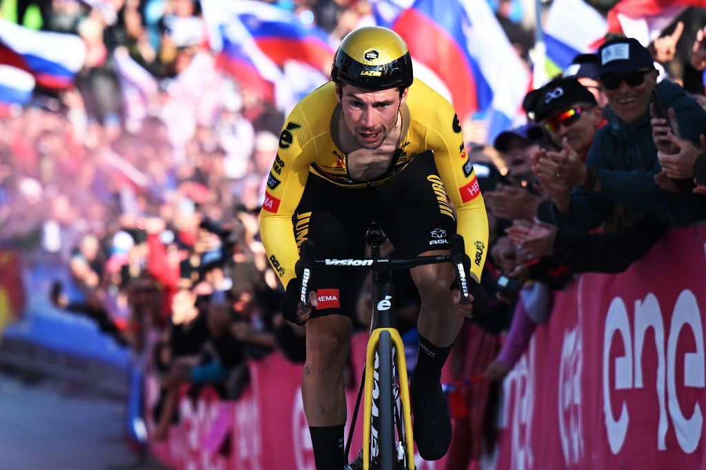 MONTE LUSSARI ITALY MAY 27 Primo Rogli of Slovenia and Team JumboVisma crosses the finish line during the 106th Giro dItalia 2023 Stage 20 a 186km individual climbing time trial stage from Tarvisio 750m to Monte Lussari 1744m UCIWT on May 27 2023 in Monte Lussari Italy Photo by Stuart FranklinGetty Images
