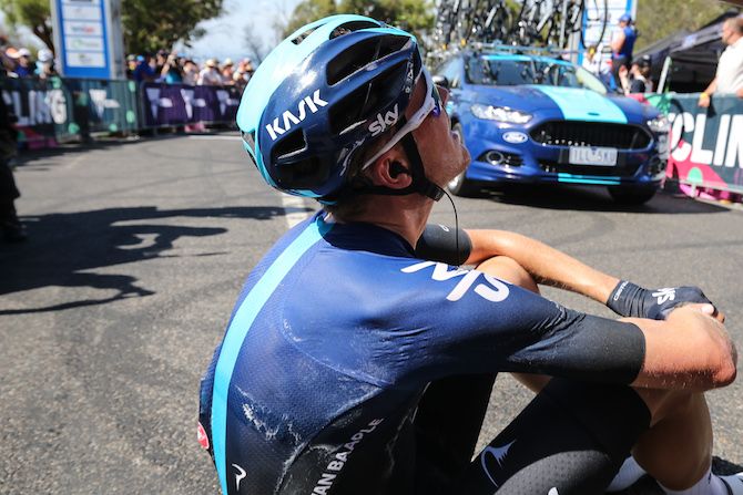 Dylan van Baarle takes a moment to try to recover from his efforts, which netted him the race lead and second place on the stage