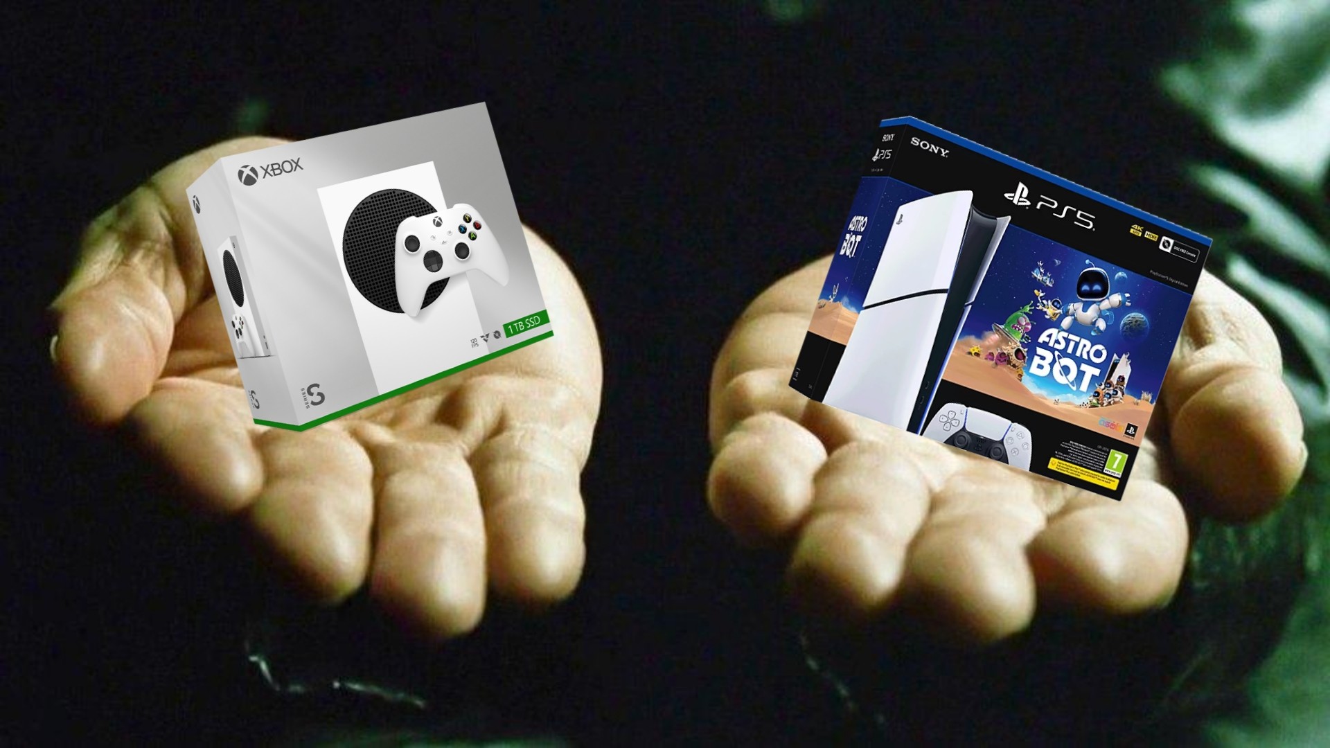 Two hands, one holds the Xbox Series S 1TB and the other holds a PS5 Digital