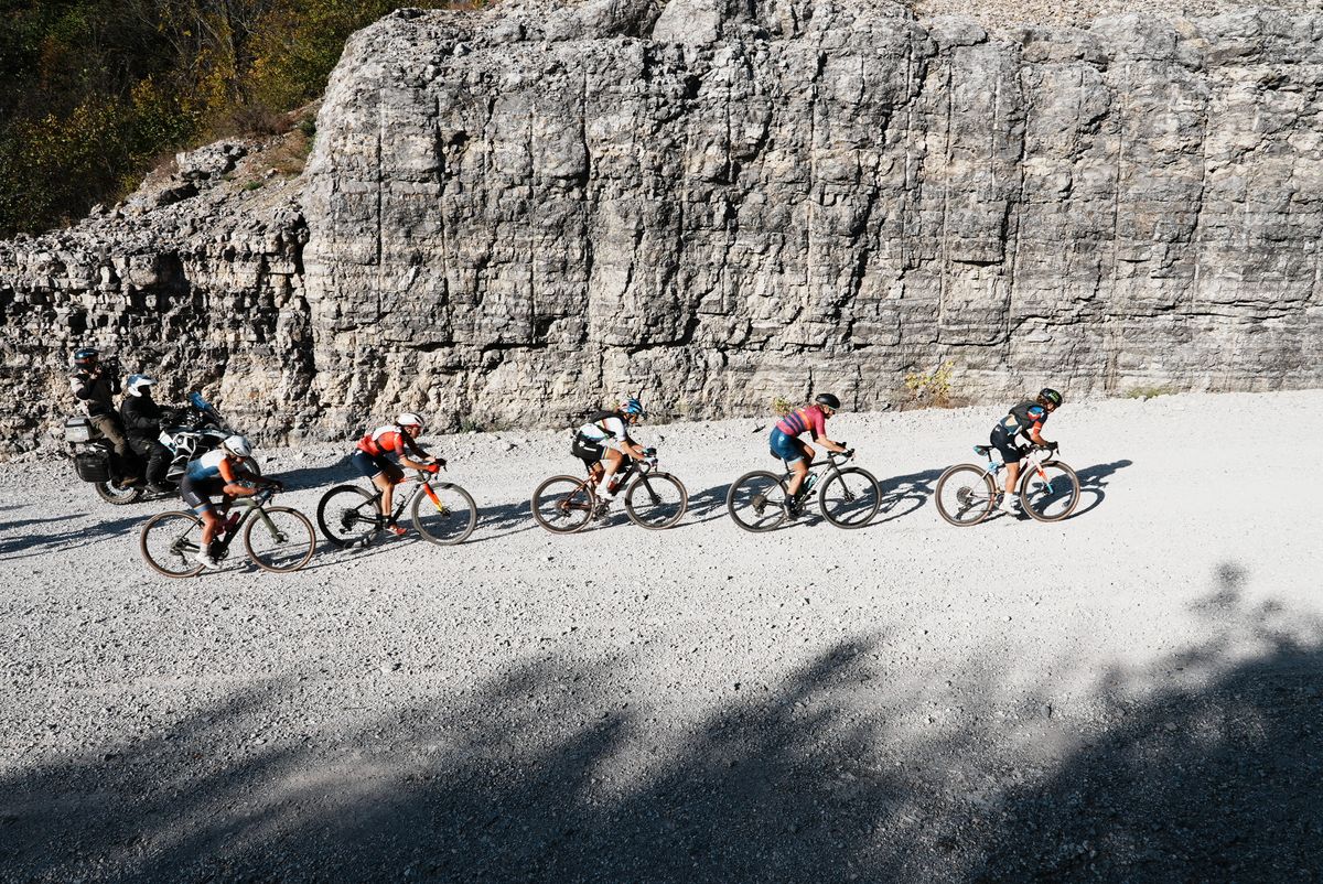 Leaders in pro women's field pass through Rock Wall bluffs after 36 miles of racing