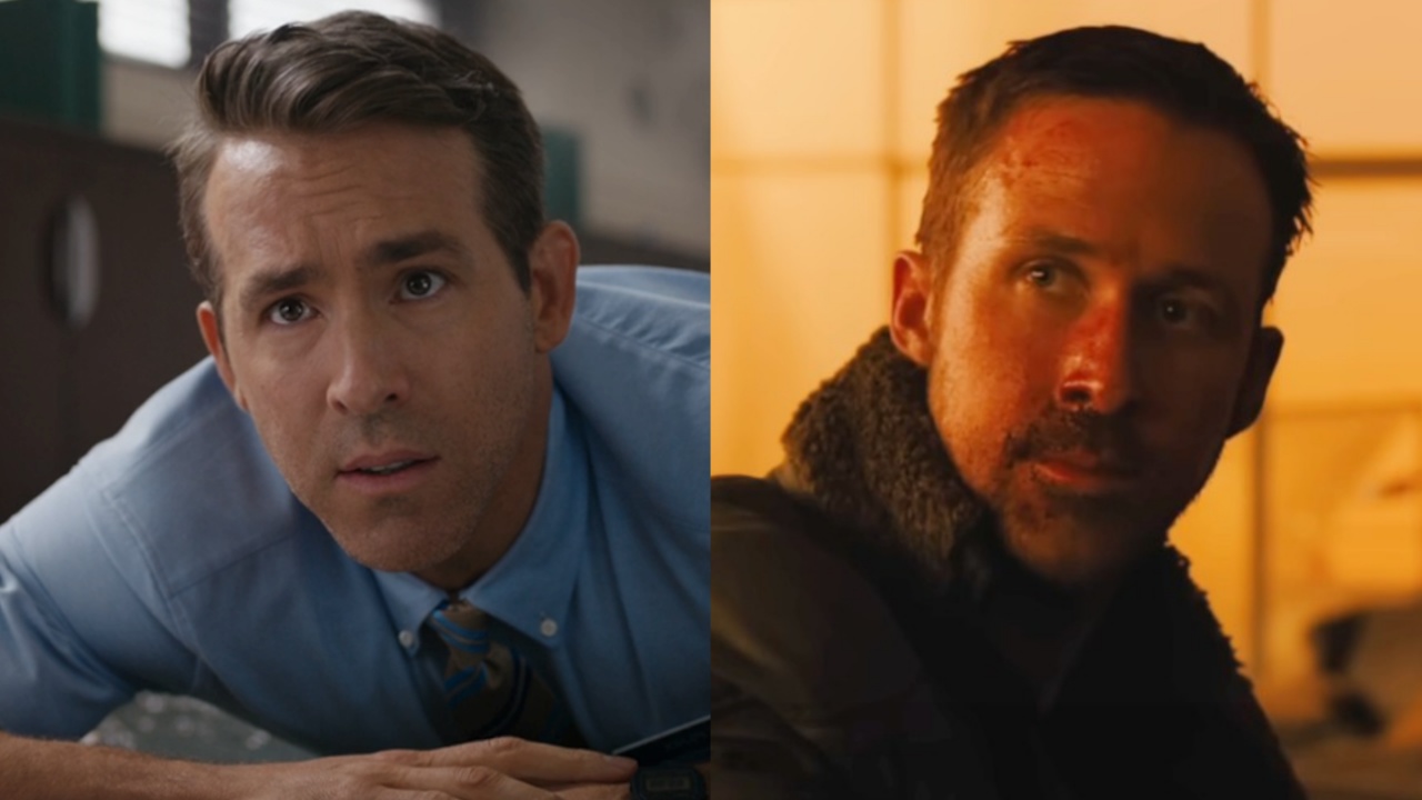 side by side of Ryan Reynolds (left) leaning over a counter in Free Guy and Ryan Gosling (right) with blood all over his face with orange-tinted background in Blade Runner 2049