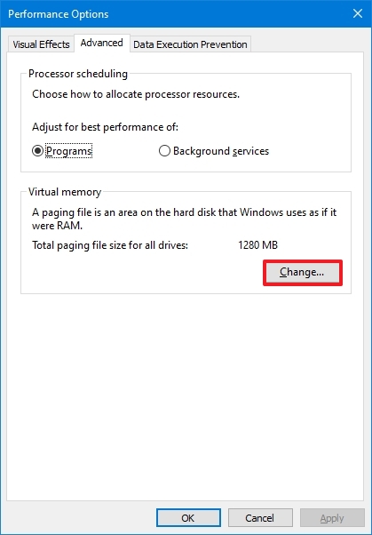 Virtual memory settings