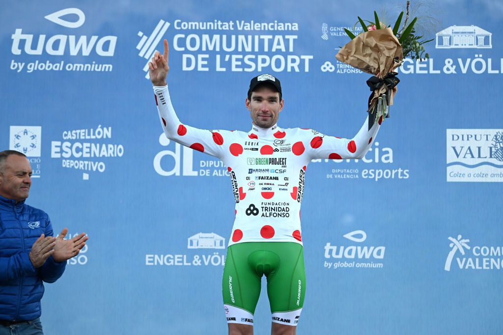 ALTO DE PINOS SPAIN FEBRUARY 02 Samuele Zoccarato of Italy and Team Green Project Bardiani CSF Faizan celebrates at podium as Polka Dot Mountain Jersey winner during the 74th Volta a la Comunitat Valenciana 2023 Stage 2 a 1782km stage from Novelda to Alto de Pinos 621m VCV2023 VoltaValenciana on February 02 2023 in Alto de Pinos Spain Photo by Dario BelingheriGetty Images