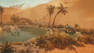 A desert oasis, with a Chatacabra walking towards the water's edge