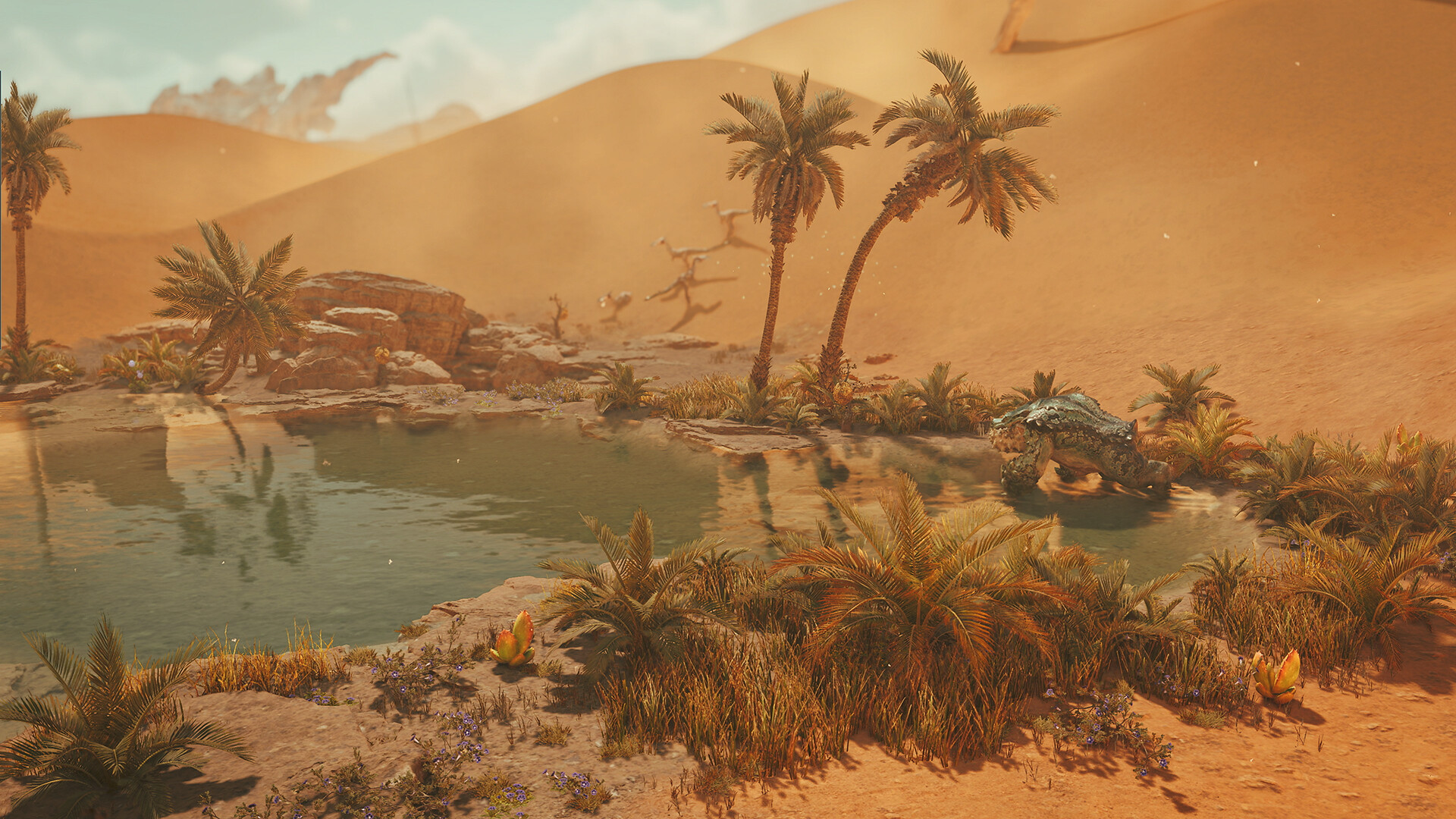 A desert oasis, with a Chatacabra walking towards the water's edge