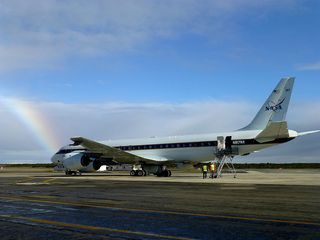NASA's DC-8 at the end of the rainbow, at Punta Arenas' airport in Chile.