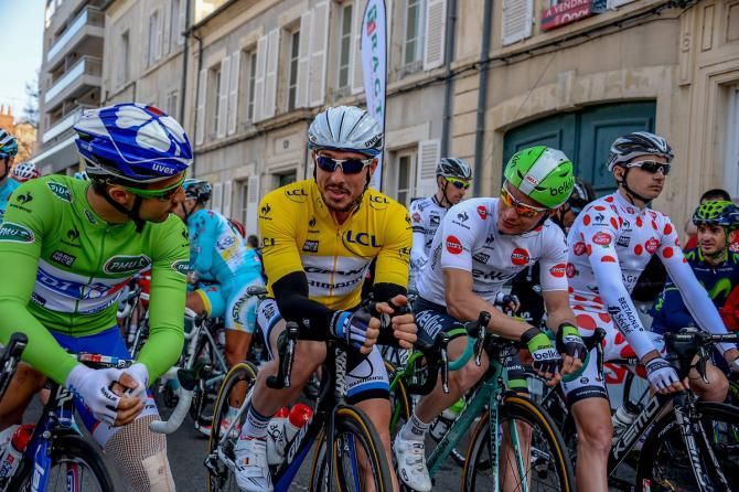 The jersey holders at the front of the peloton prior to the start of stage 4 at Paris-Nice