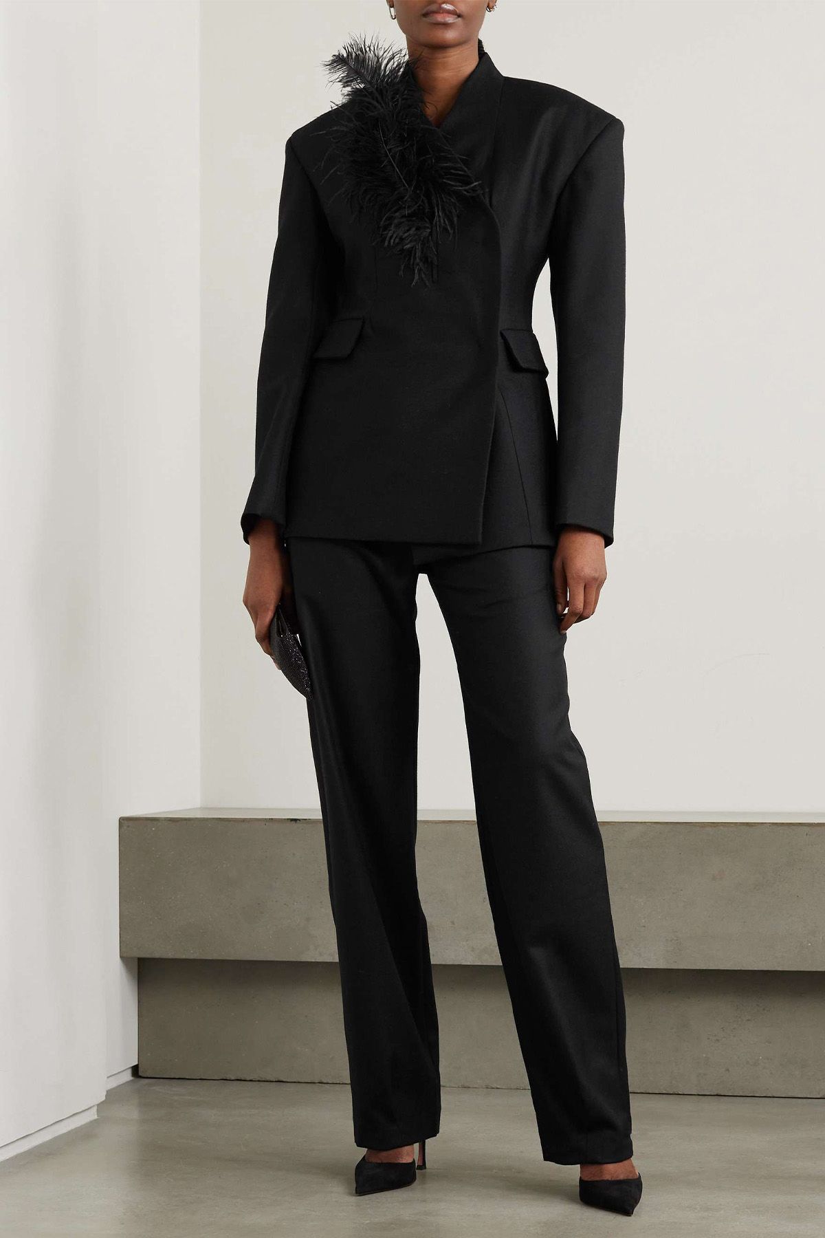 black blazer with feather