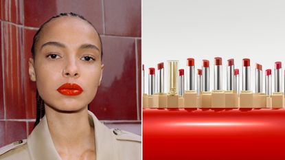 a collage of a model wearing Burberry lipstick and a lineup of burberry lipsticks on top of a red display case