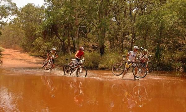 The leaders at a forest creek crossing.