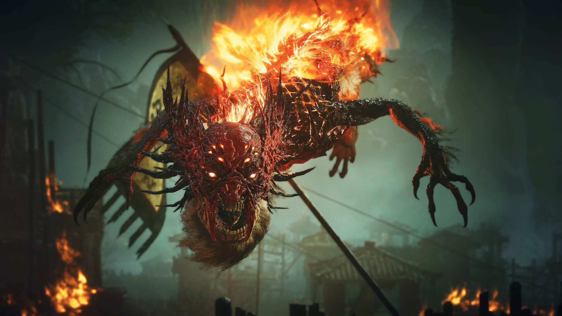 A fiery, demonic creature with glowing eyes and charred skin flies menacingly through a burning, chaotic village, exuding danger and fear.