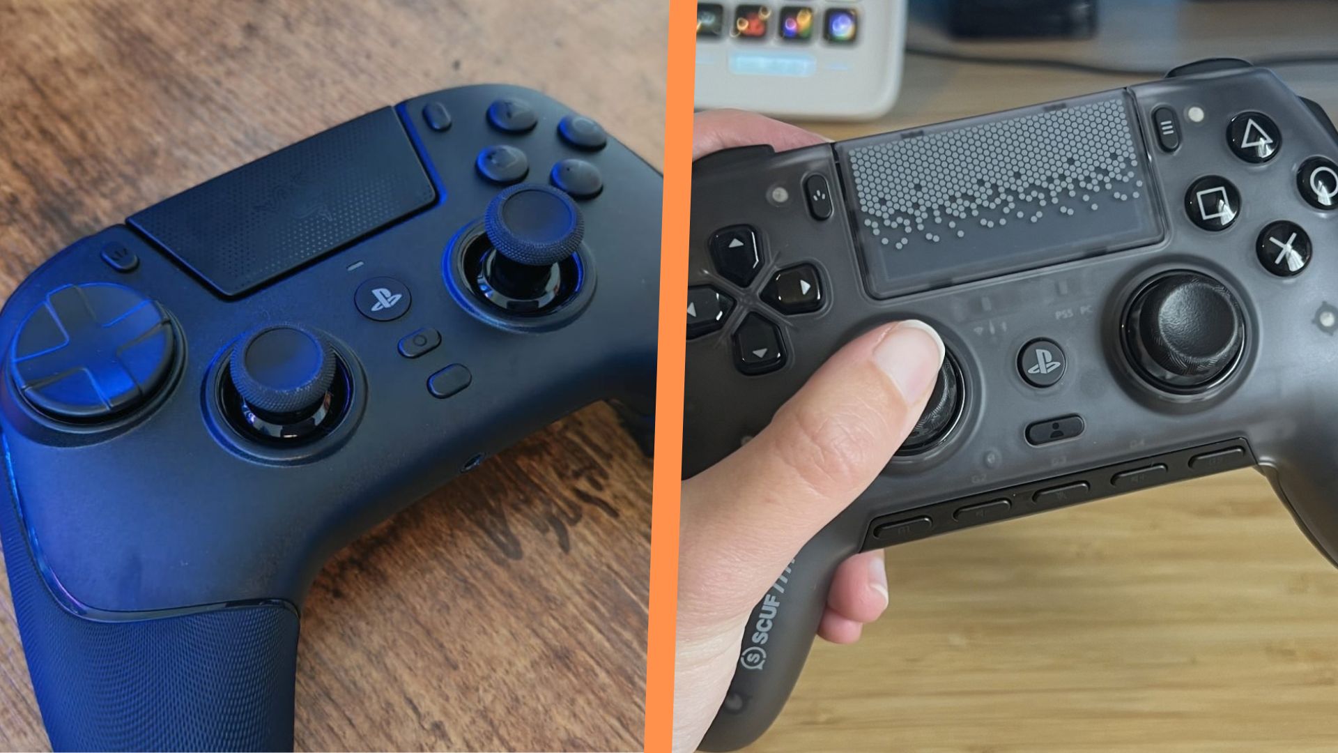 The Razer Raiju V3 Pro vs Scuf Omega separated by an orange line