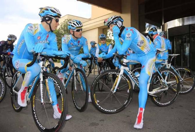 The riders gather outside the hotel before another long day in the saddle