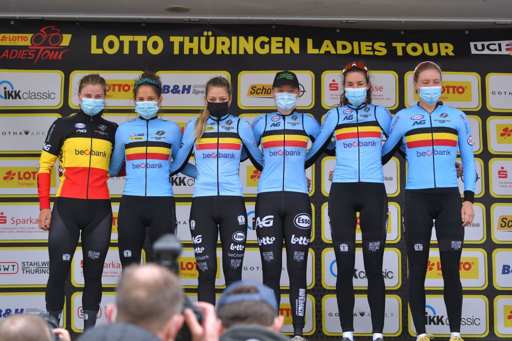 SCHMOLLN GERMANY MAY 25 Shari Bossuyt of Belgium Valerie Demey of Belgium Ann Sophie Duyck of Belgium Lotte Kopecky of Belgium Lone Meertens of Belgium Sara Van De Vel of Belgium and Team Belgium at start during the 34th Internationale LOTTO Thringen Ladies Tour 2021 Stage 1 a 899km stage from Schmolln to Schmolln ltlt2021 lottothueringenladiestour womencycling on May 25 2021 in Schmolln Germany Photo by Luc ClaessenGetty Images