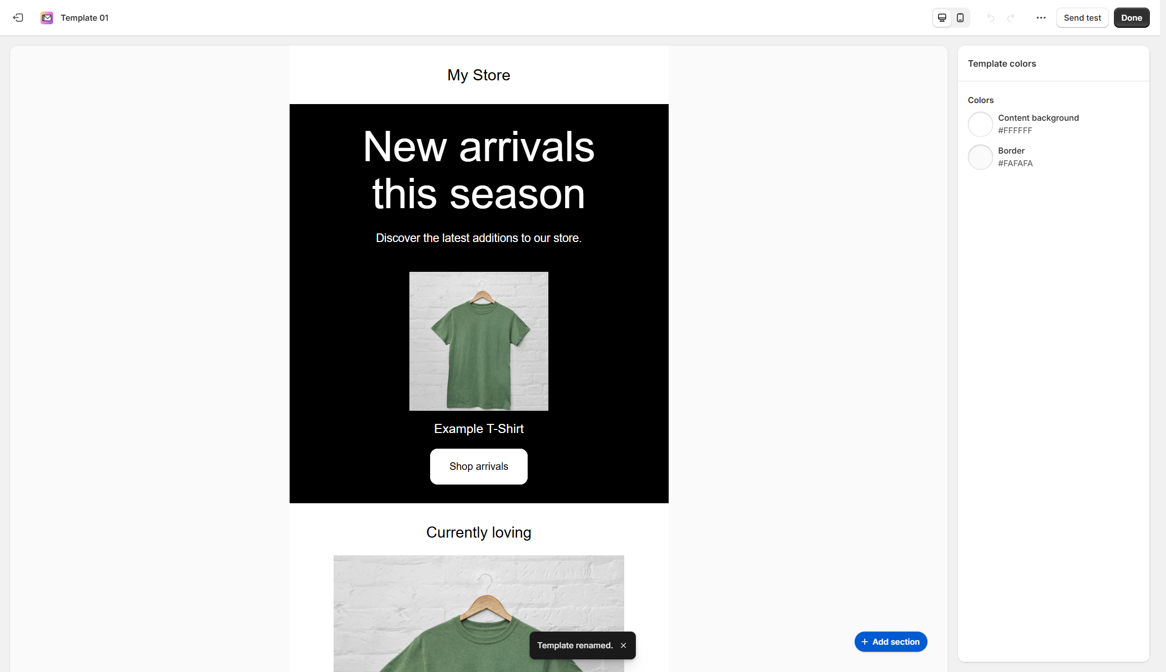 Screenshot of Shopify email marketing platform with a screenshot of a