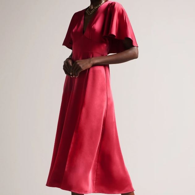 Satin Midi Dress With Cape Sleeve