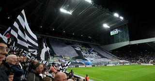 Newcastle United form a TIFO prior to kick off of the Premier League match between Newcastle United and Everton FC at St. James Park on October 19, 2022 in Newcastle upon Tyne, England.