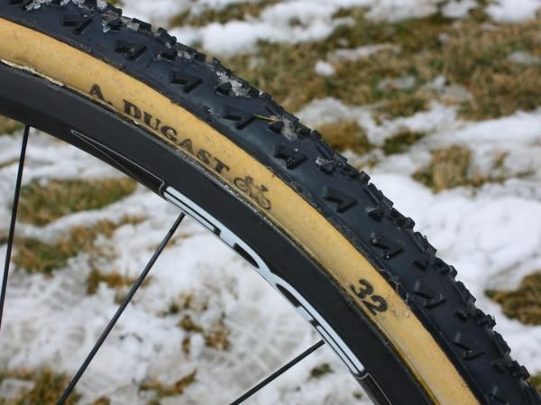 Page prefers the aggressive 3mm-tall knobs on the Dugast Rhino tires for muddy conditions.