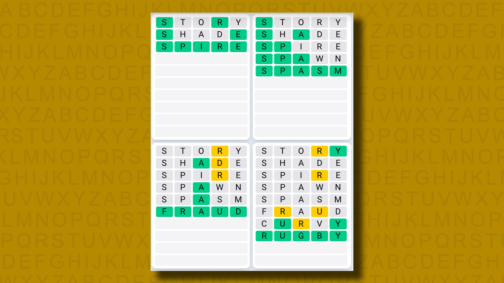 Quordle Daily Sequence answers for game 1076 on a yellow background