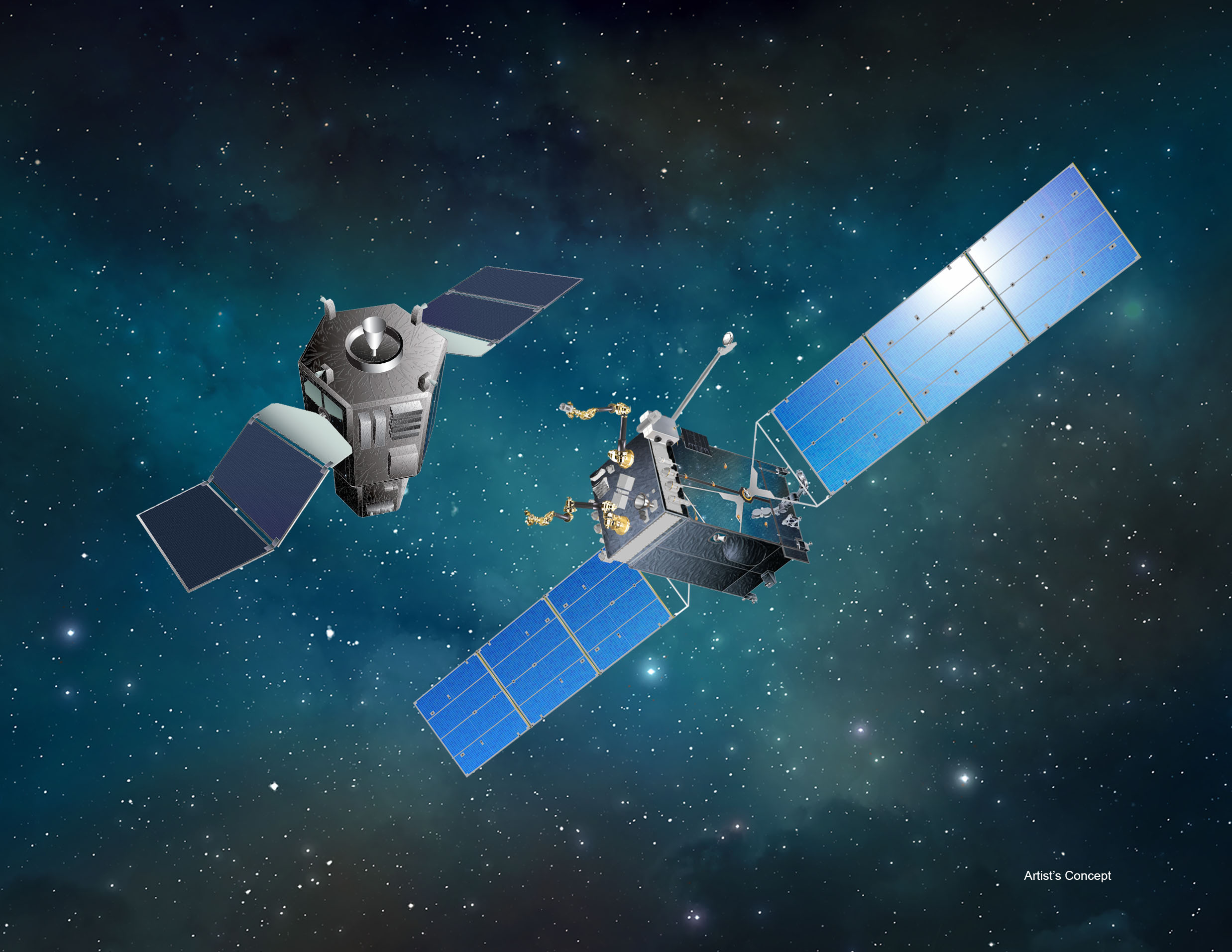 An artist&#039;s illustration of a satellite servicing spacecraft approaching its target. DARPA has selected Space Systems Loral as its commercial partner for the agency&#039;s Robotic Servicing of Geosynchronous Satellites program.