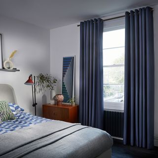 hillarys blue curtains in a grey bedroom