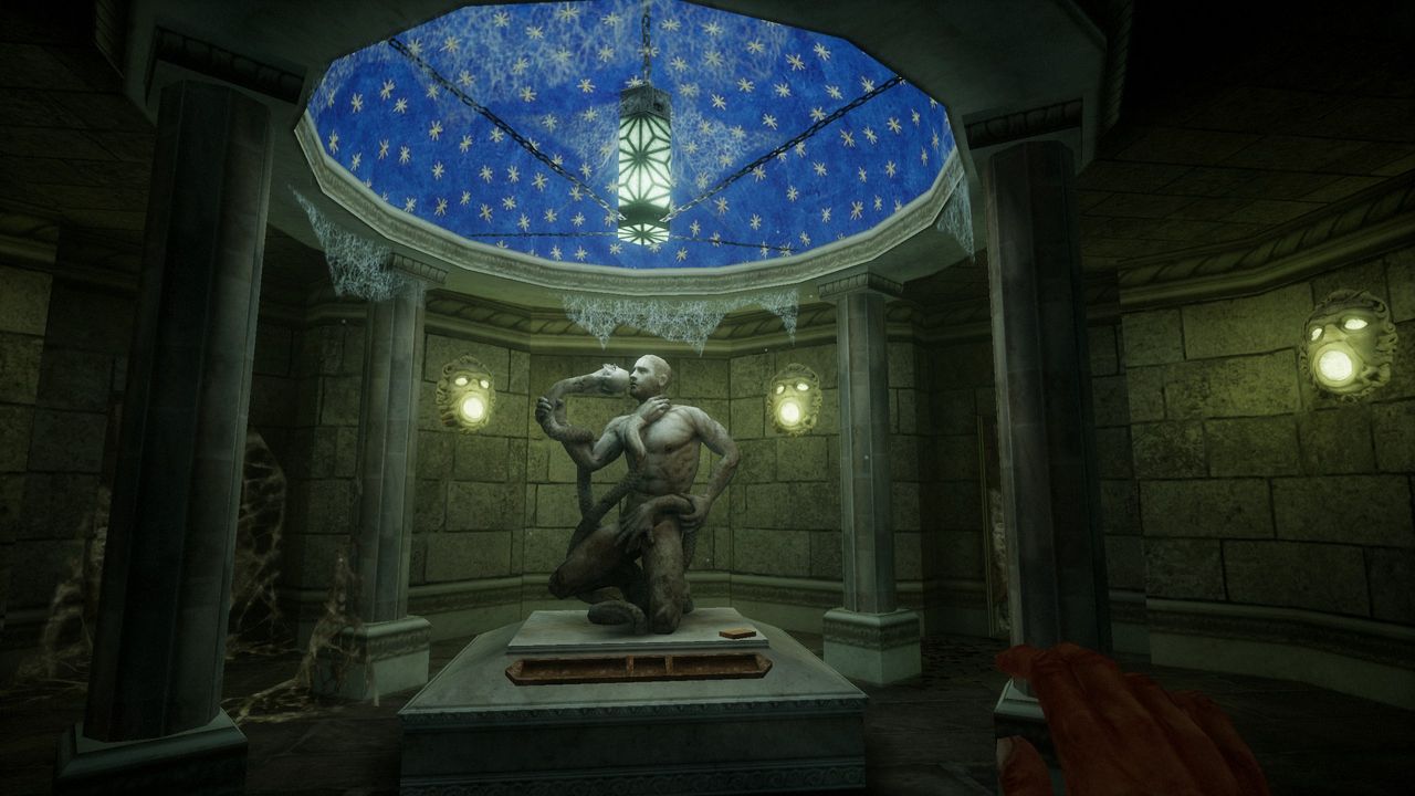 Statue in stone room under blue ceiling with stars