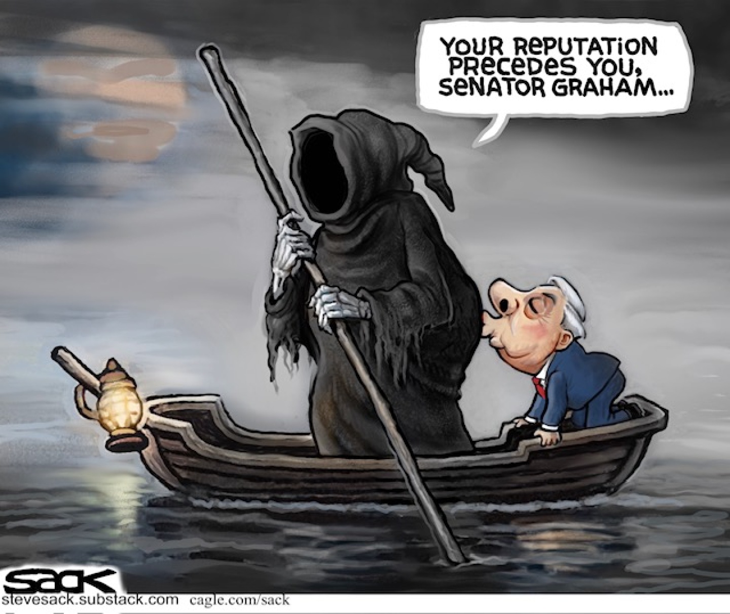 Lindsay Graham is in a boat with the Grim Reaper, which he is kissing on its butt. The Grim Reaper says, &amp;ldquo;Your reputation precedes you, Senator Graham&amp;hellip;&amp;rdquo;