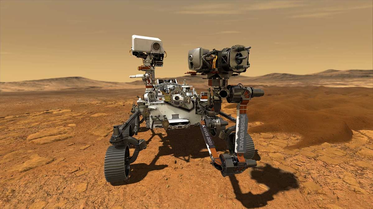 A CGI illustration of NASA's Perseverance rover on the surface of Mars