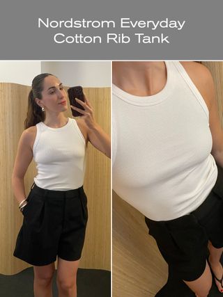 Editor trying on the best white tank tops.